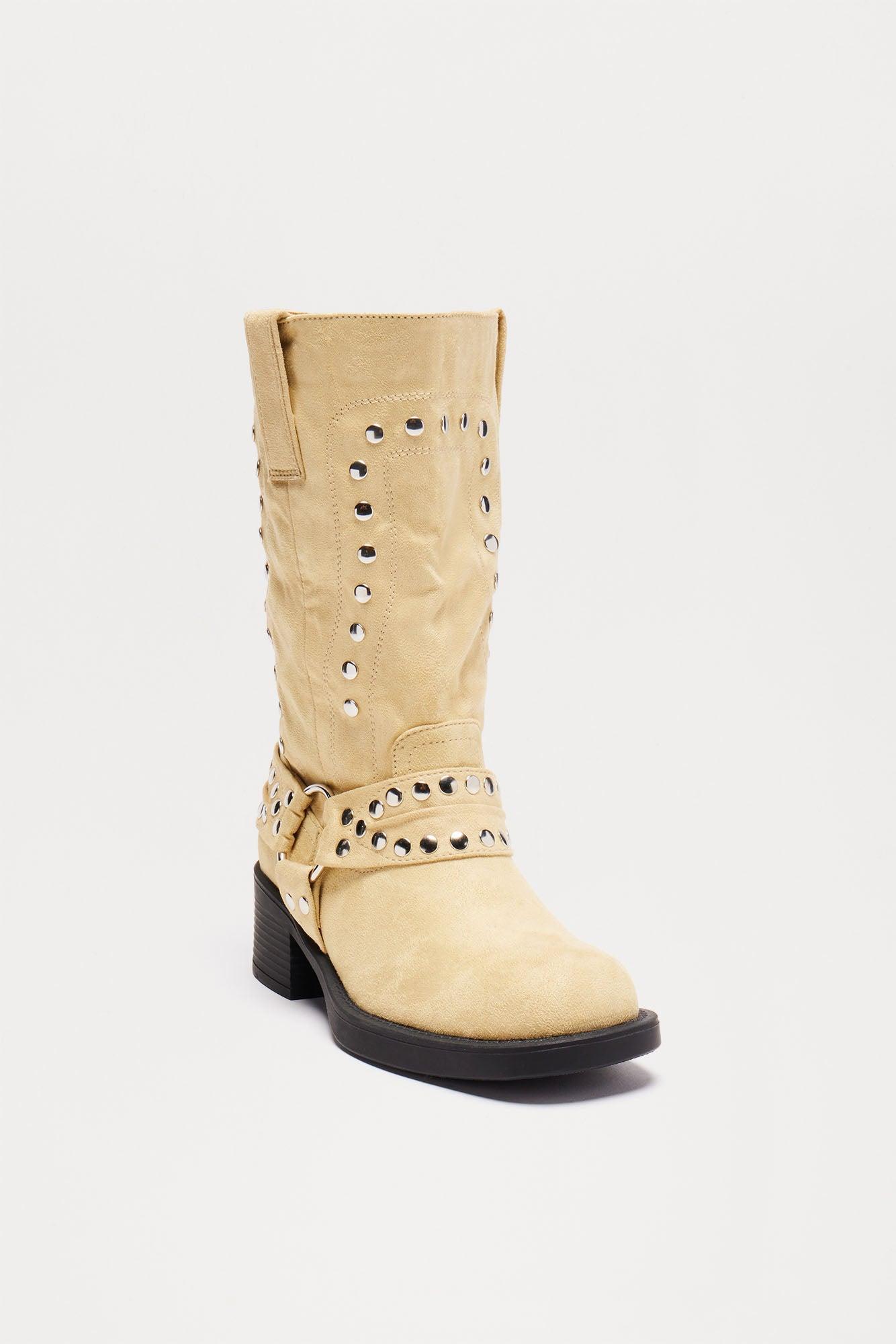 Riley Studded Knee High Boots - Beige Product Image