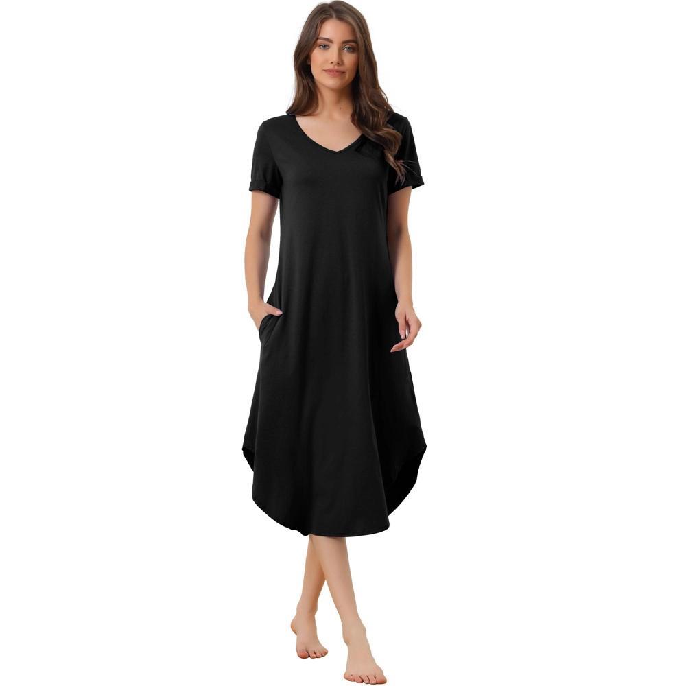 cheibear Women's V Neck Short Sleeve Long Nightgown Lounge Dress with Pocket Product Image