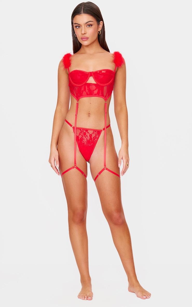 Red Lace Feather Trim Balconette Lingerie Set Product Image