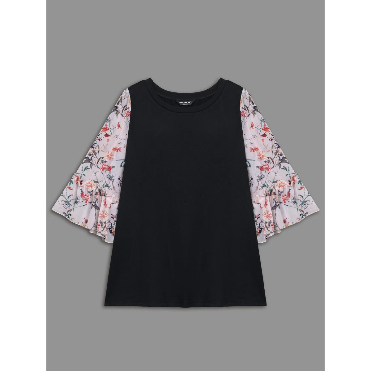 Plus Size Floral Print Patchwork Ruffle Sleeve T-Shirt Black Women Elegant Contrast Round Neck Everyday T-shirts BloomChic 14-16/1X Product Image
