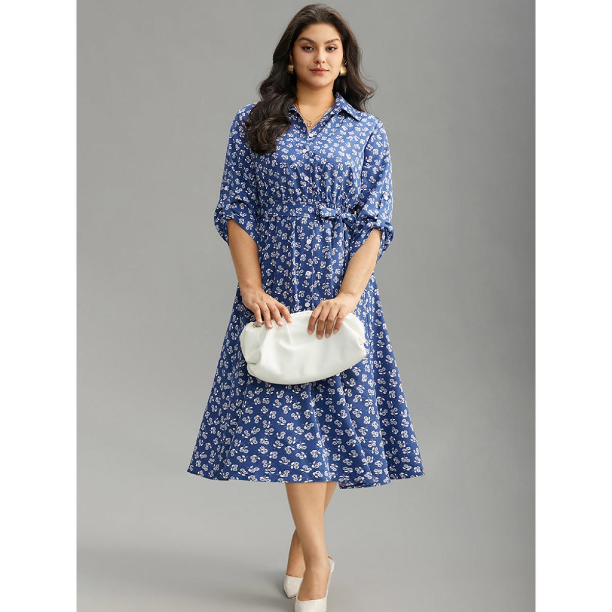 Plus Size Ditsy Floral Belted Button Through Tab Sleeve Dress Aegean Women Office Belted Shirt collar Elbow-length sleeve Curvy Midi Dress BloomChic 14-16/1X Product Image