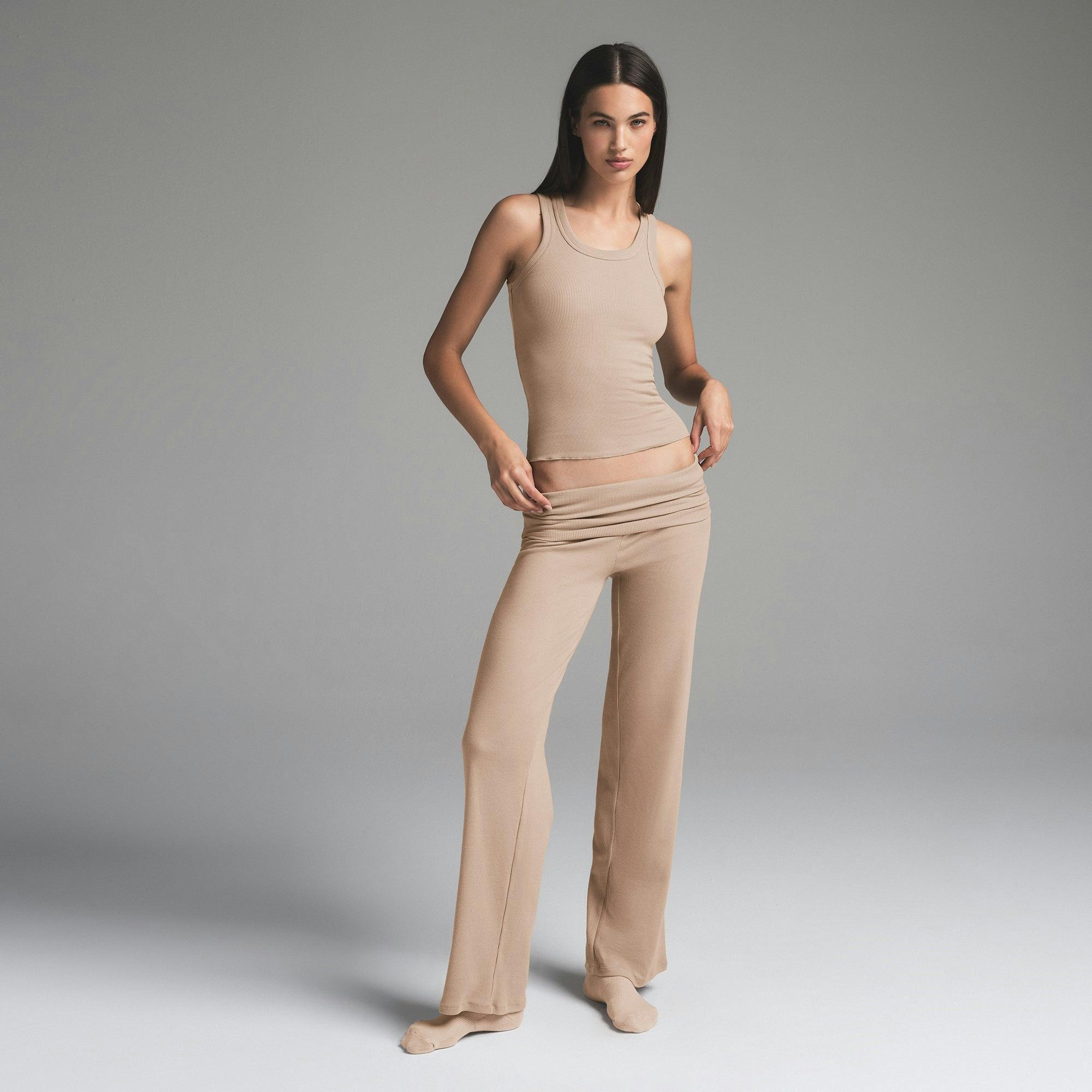 COTTON RIB FOLDOVER STRAIGHT LEG PANT | LATTE Product Image
