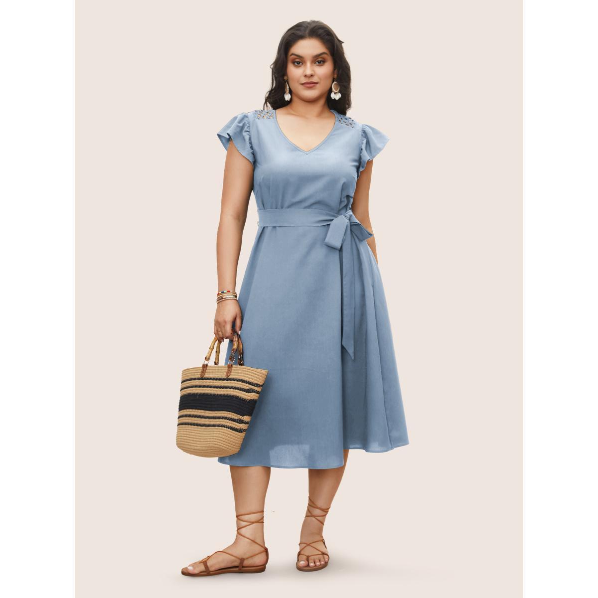 Plus Size Solid Cut Out Ruffle Cap Sleeve Dress Stone Women Resort Woven ribbon&lace trim V-neck Cap Sleeve Curvy Midi Dress BloomChic 26/4X Product Image