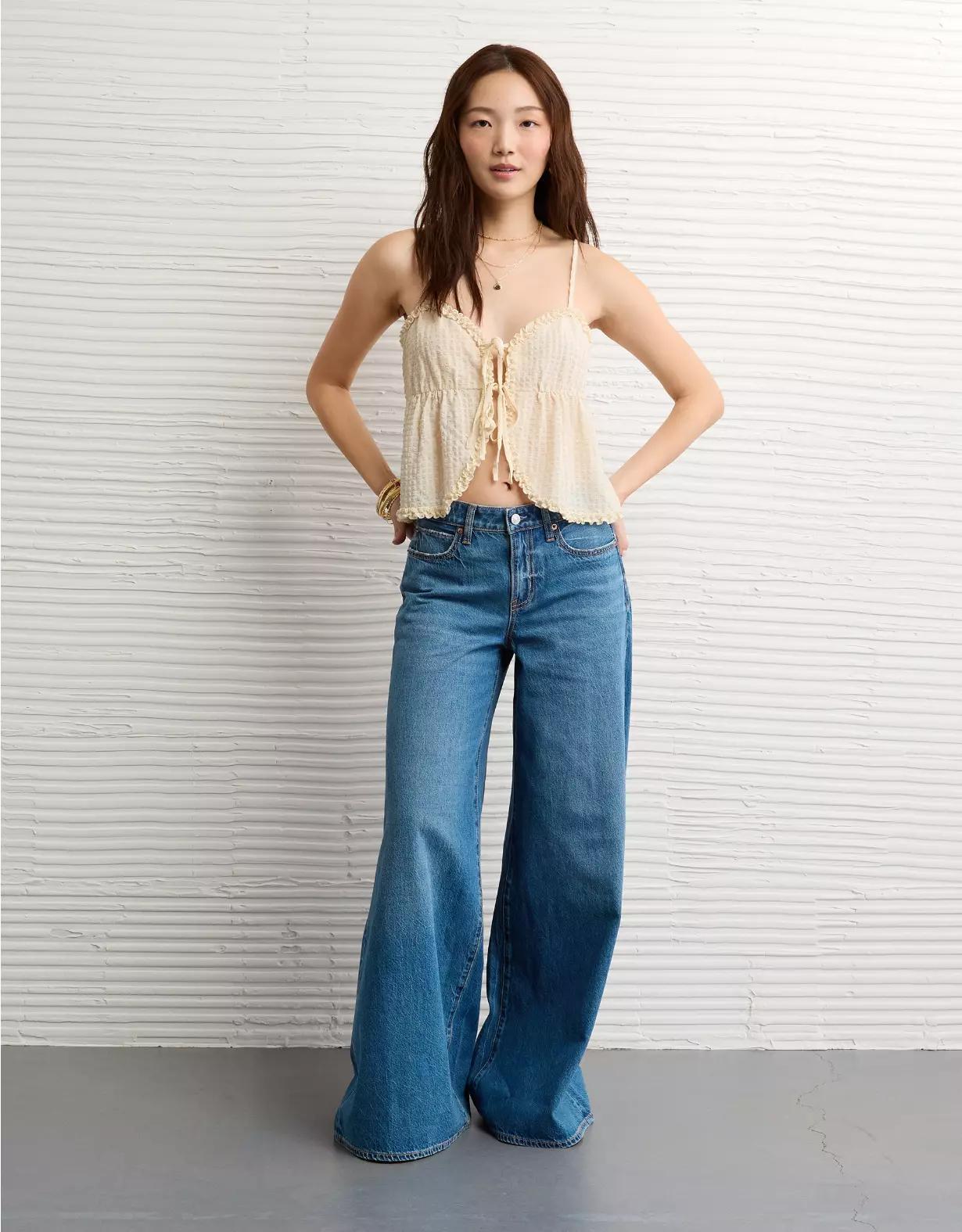 AE Tie Front Ruffle Trim Tank Top Product Image