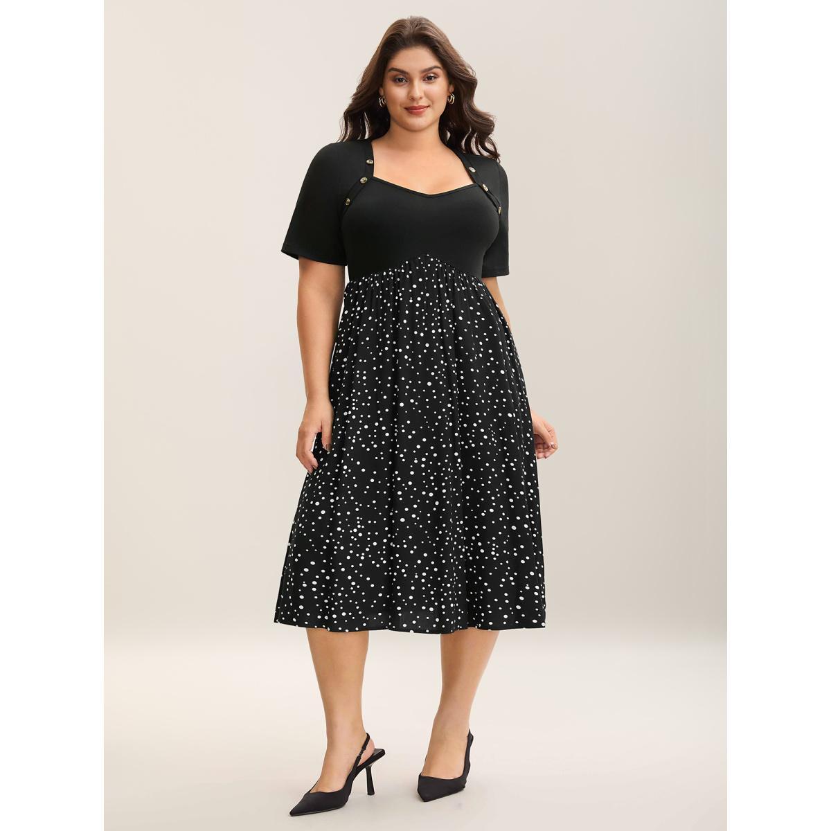 Plus Size Color Contrast Shoulder Button Sleeve Midi Dress Black Women Button Heart neckline Short sleeve Curvy BloomChic 12/L Product Image