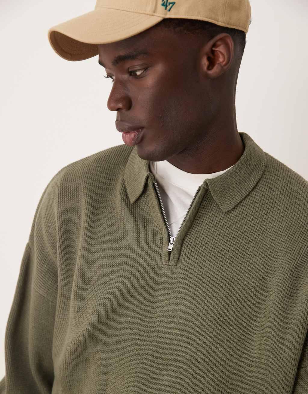 ASOS DESIGN oversized boxy fit knitted polo sweater with quarter zip in khaki Product Image