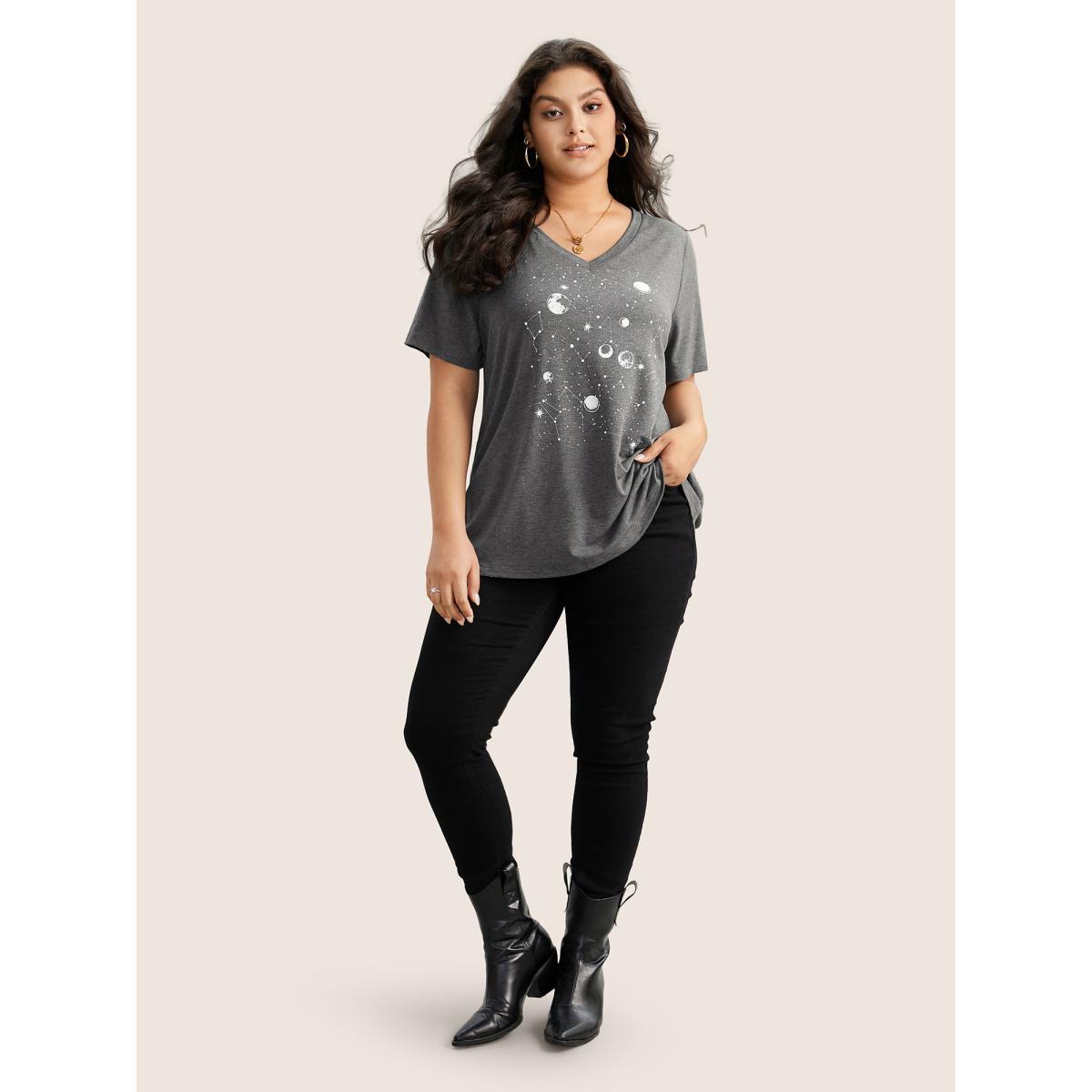 Plus Size Moon and Star Print V Neck T-shirt DimGray Women Casual Non Star and moon V-neck Everyday T-shirts BloomChic 10/M Product Image