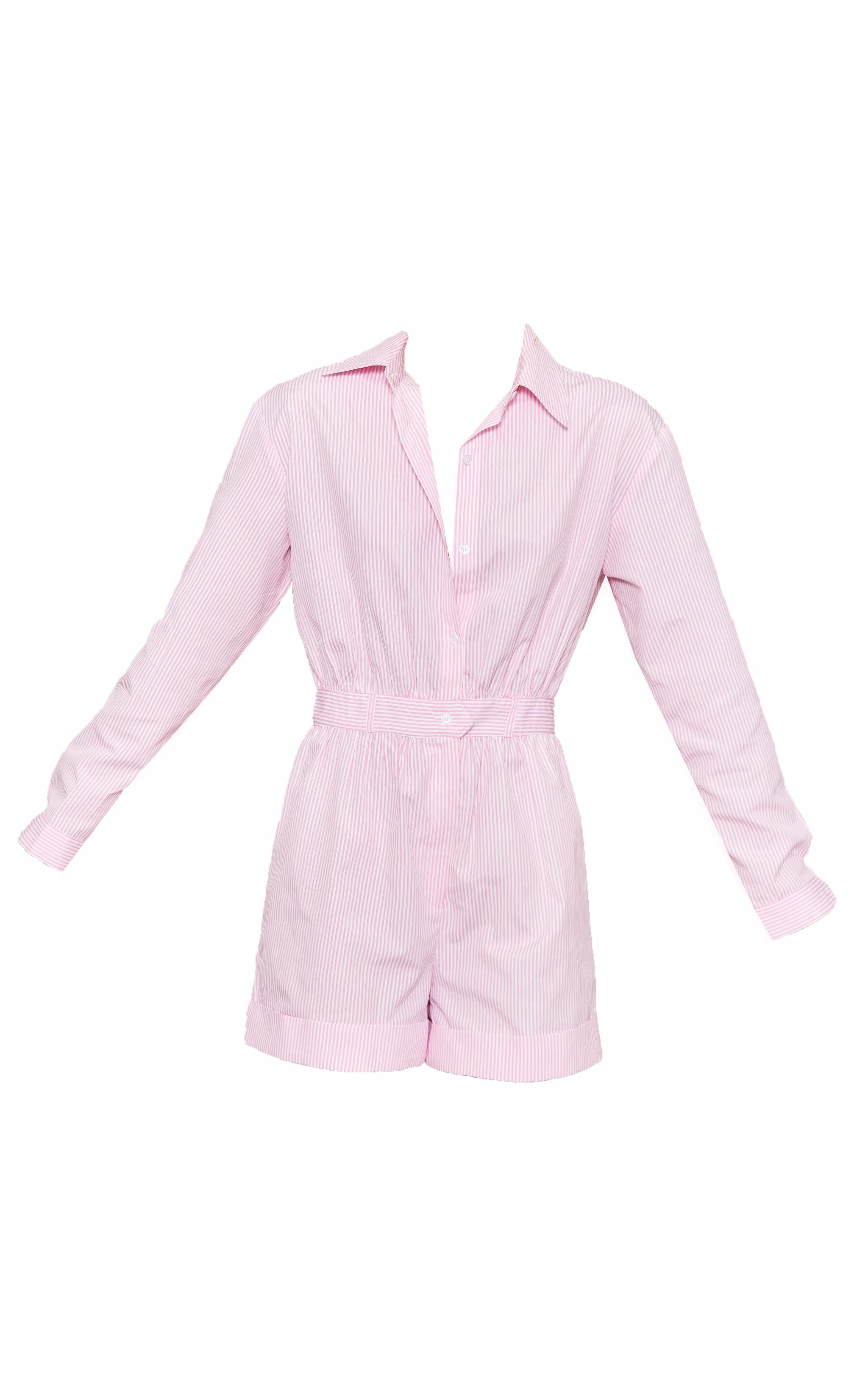 Pink Pinstripe Button Up Shirt Detail Romper Product Image