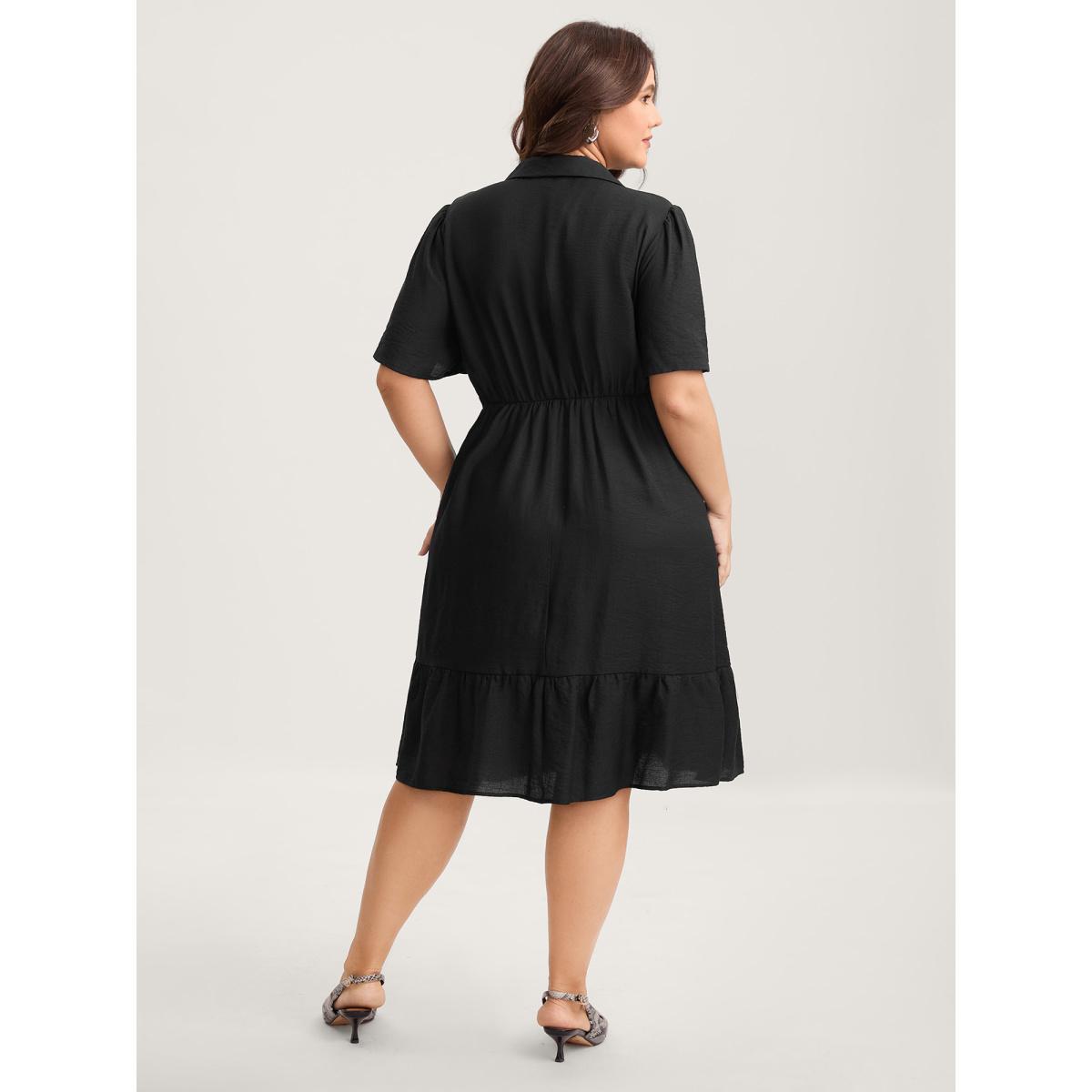 Plus Size Button Placket Waist-Tie Midi Dress Black Women Office Notched collar Short sleeve Curvy BloomChic 14-16/1X Product Image