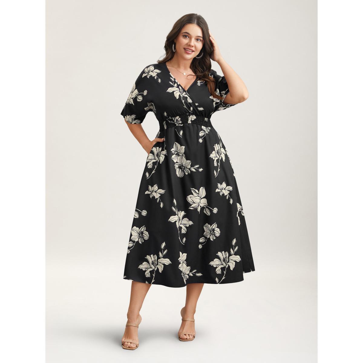 Plus Size Silhouette Floral Print Shirred Waist Midi Dress BlackFlower Women Elegant Shirred Overlap Collar Short sleeve Curvy BloomChic 12/L Product Image