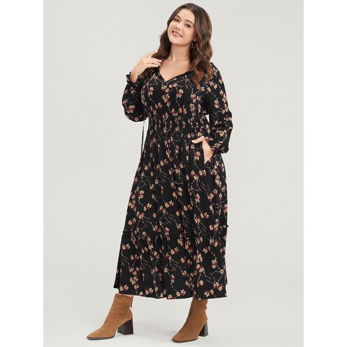 Plus Size Floral Lantern Sleeve Pocket Tie Neck Shirred Midi Dress Black Women Elegant Pocket V-neck Long Sleeve Curvy Midi Dress BloomChic 14-16/1X Product Image