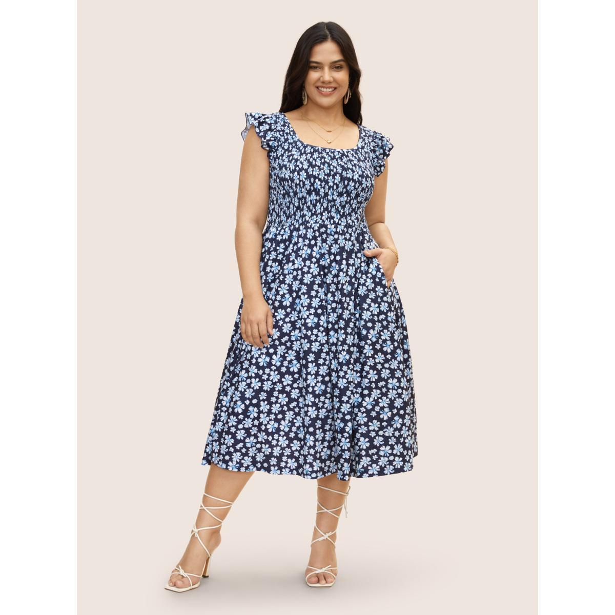 Plus Size Ditsy Floral Shirred Ruffle Trim Midi Dress DarkBlue Women Elegant Shirred Square Neck Cap Sleeve Curvy BloomChic 14-16/1X Product Image