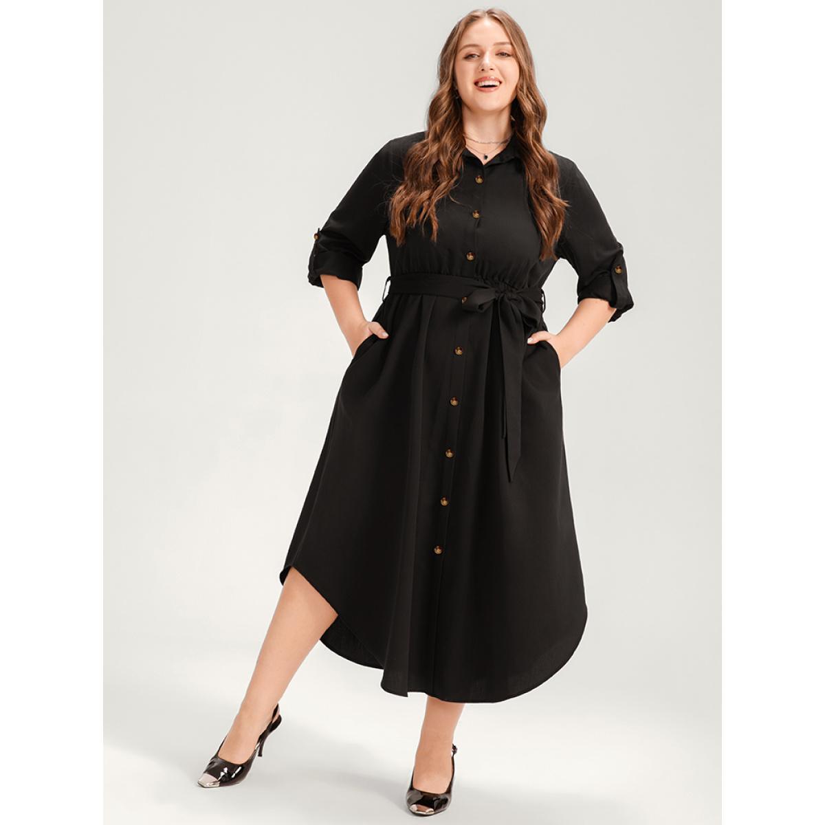 Plus Size Solid Shirt Collar Button Up Belted Arc Hem Dress Black Women Office Belted Shirt collar Long Sleeve Curvy Midi Dress BloomChic 22-24/3X Product Image