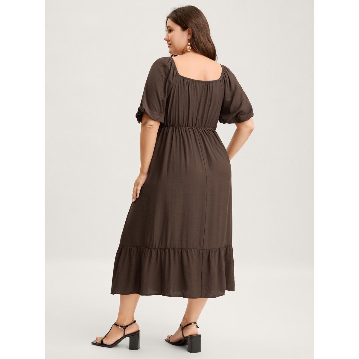Plus Size Sweetheart U-Buckle Pockets Tiered Midi Dress DarkBrown Women Heart neckline Short sleeve Curvy BloomChic 12/L Product Image