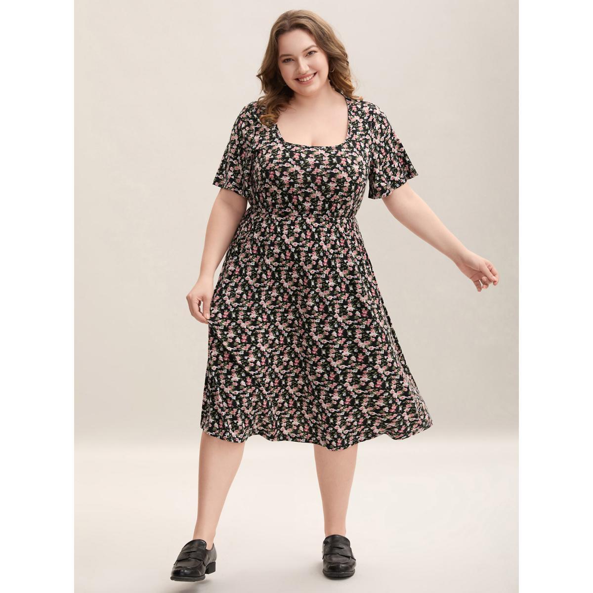 Plus Size Floral Print Square Neck Straight-Fit Midi Dress Black Women Casual Non U-neck Short sleeve Curvy BloomChic 30/6X Product Image