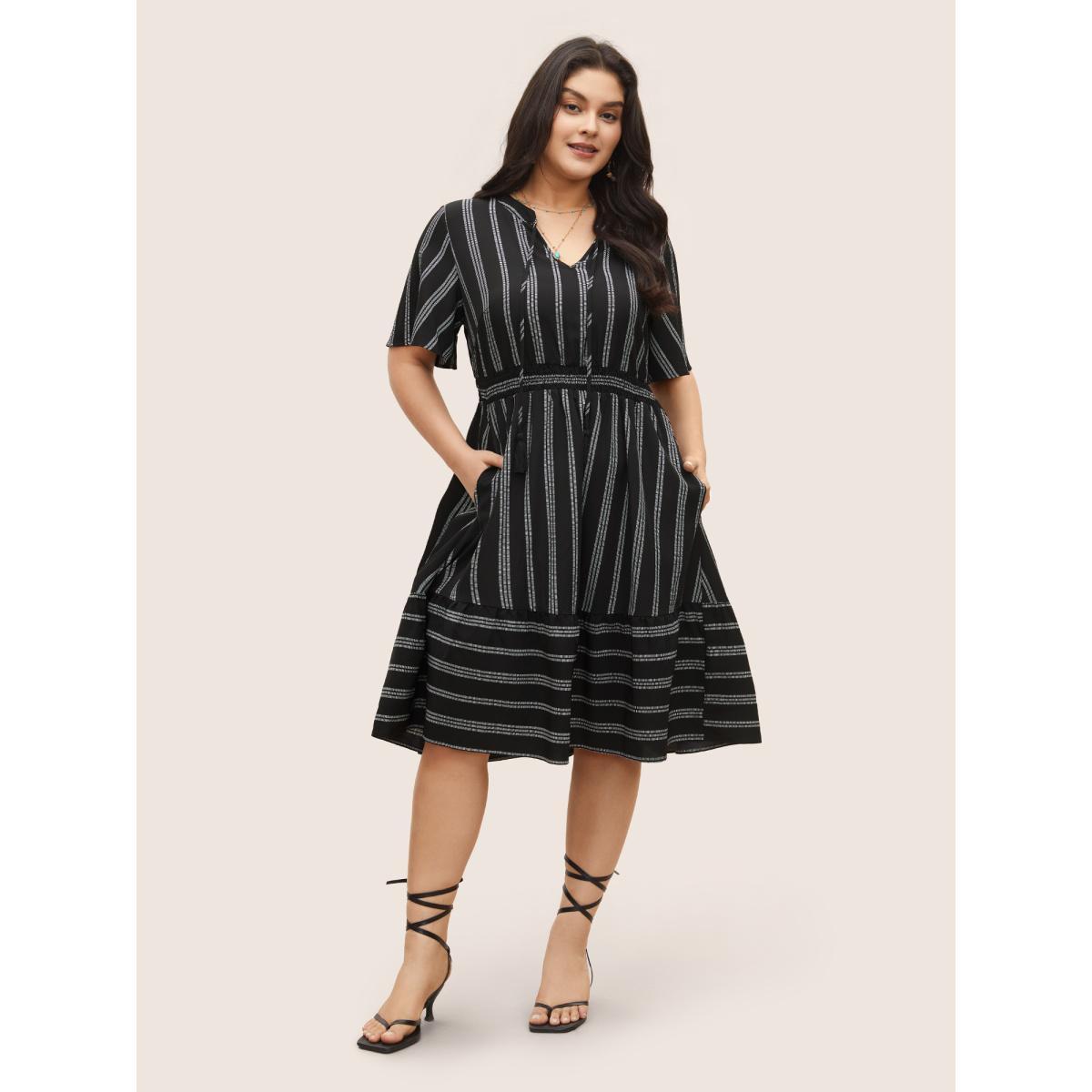 Plus Size Striped Patchwork Tassels Ties Shirred Dress Black Women Boho Non V-neck Short sleeve Curvy Midi Dress BloomChic 14-16/1X Product Image