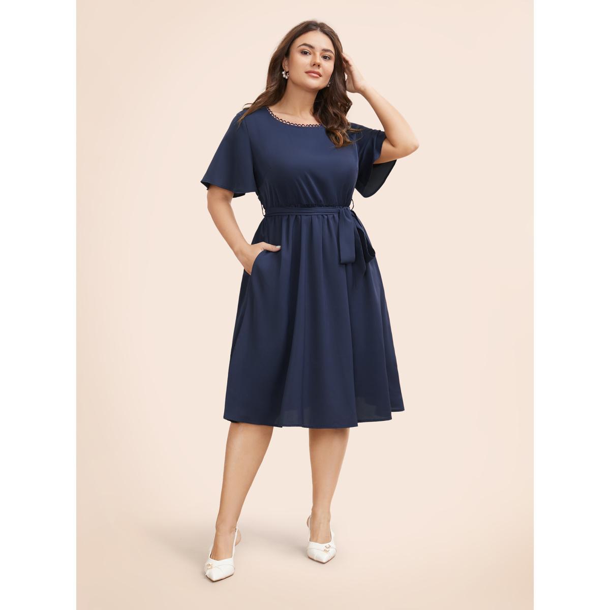 Plus Size Round Neck Lace Patchwork Ruffle Sleeve Dress DarkBlue Women Elegant Woven ribbon&lace trim Round Neck Short sleeve Curvy BloomChic 26/4X Product Image