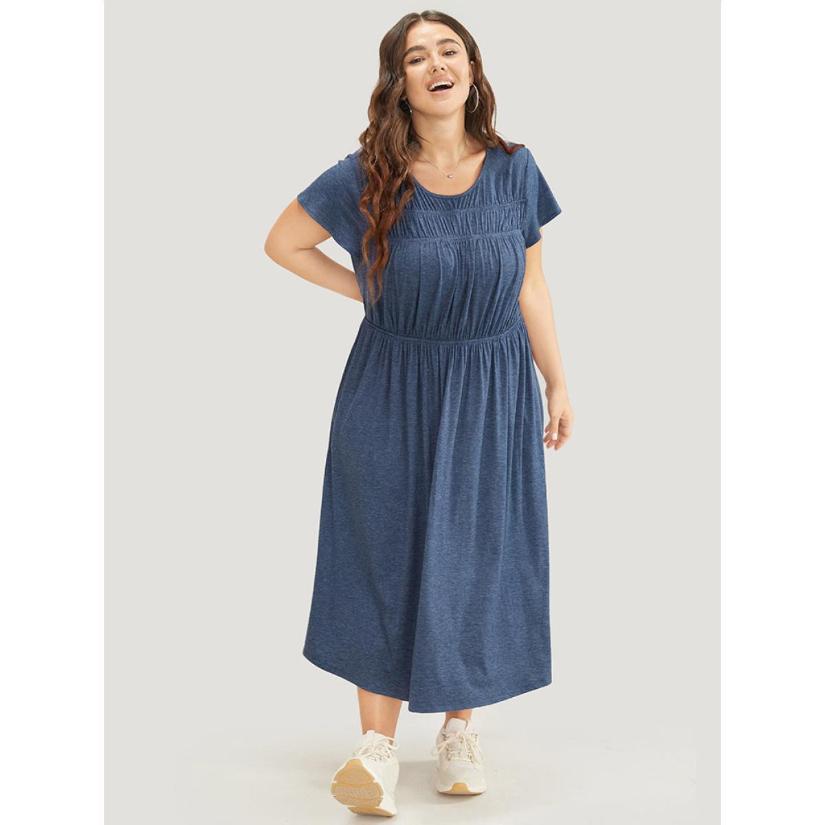 Plus Size Plain Gathered Pocket Round Neck Ruffle Sleeve Dress DarkBlue Women Office Gathered Round Neck Short sleeve Curvy Midi Dress BloomChic 18-20/2X Product Image