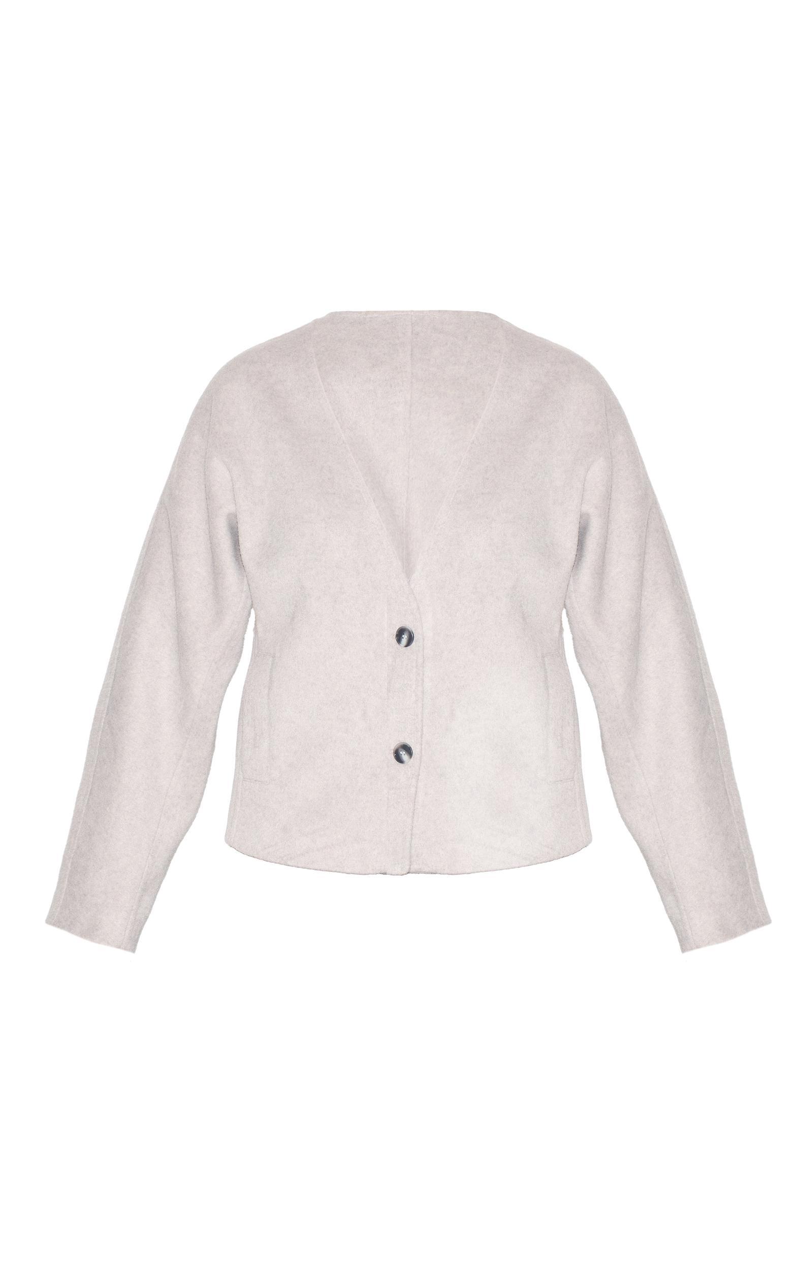 Grey Wool Look Button Up V Neck Jacket Product Image