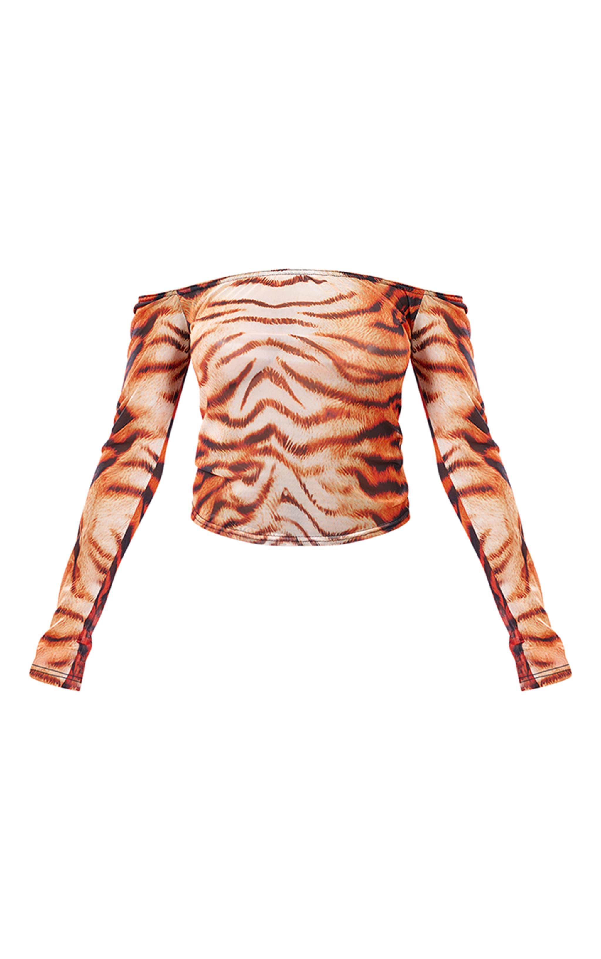 Tiger Print Mesh Long Sleeve Bardot Top Product Image