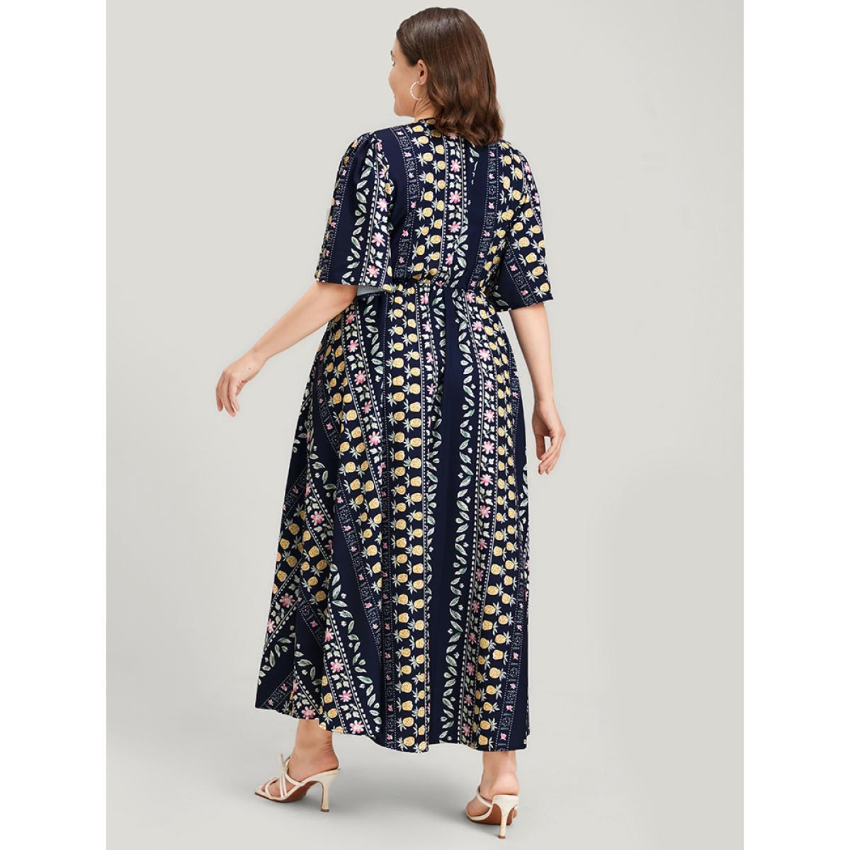 Plus Size Floral Striped Ruffles Split Pocket Wrap Maxi Dress DarkBlue Women Elegant Pocket V-neck Half Sleeve Curvy Long Dress BloomChic 12/L Product Image