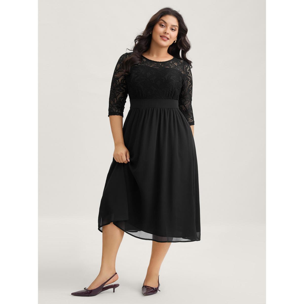 Plus Size Lace Patchwork Shirred Midi Pocket Dress Black Women Formal Woven ribbon&lace trim Round Neck Elbow-length sleeve Curvy BloomChic 22-24/3X Product Image