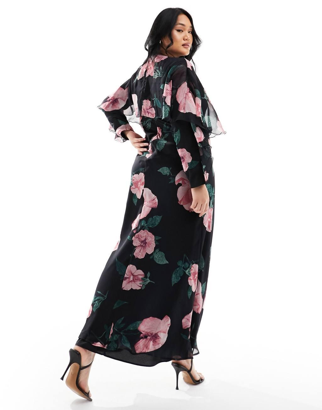 ASOS DESIGN Curve long sleeve ruffle bias maxi dress with cape detail Product Image