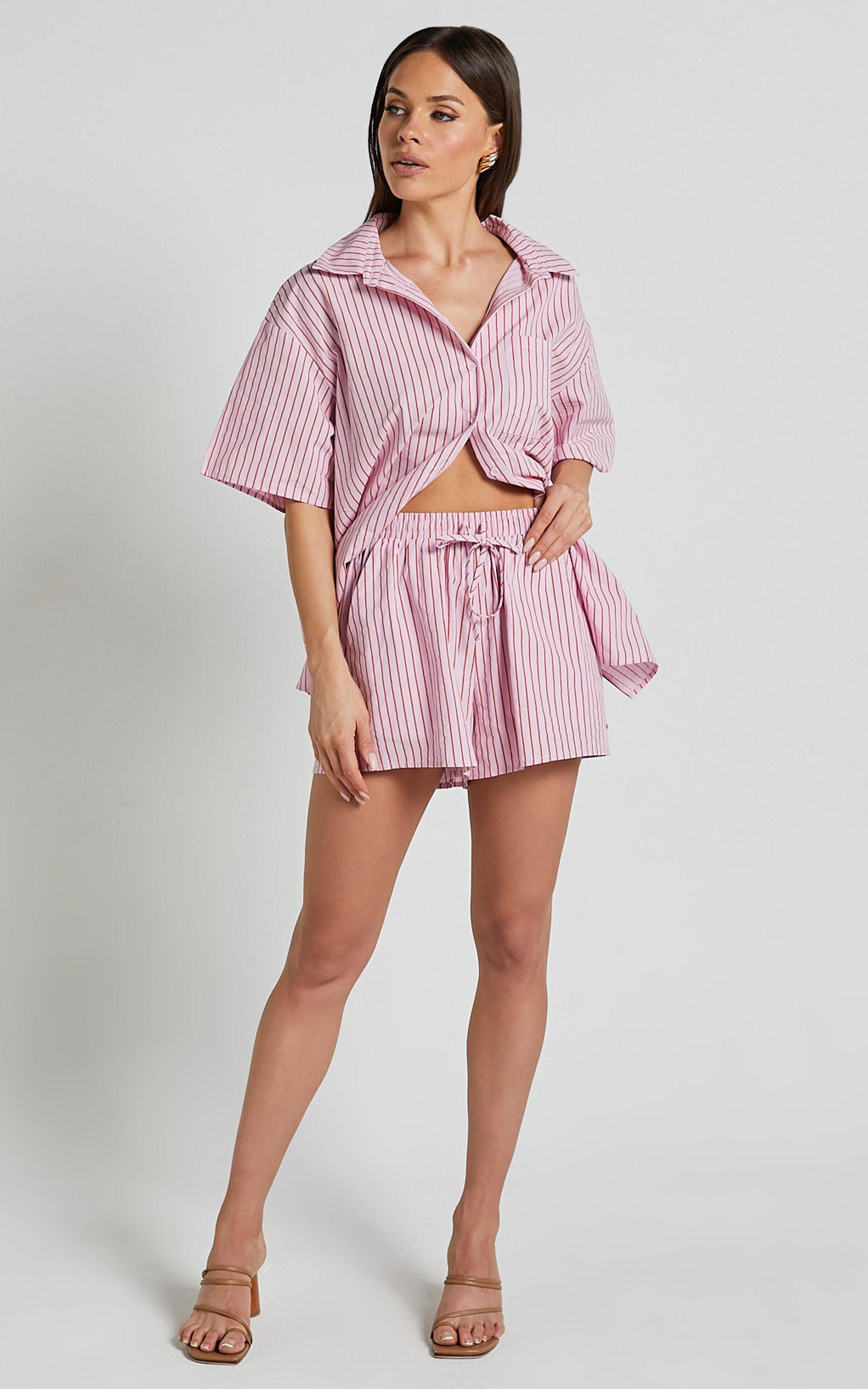 Gijon Shorts - High Waisted Shorts in Pink and Red Stripe Product Image