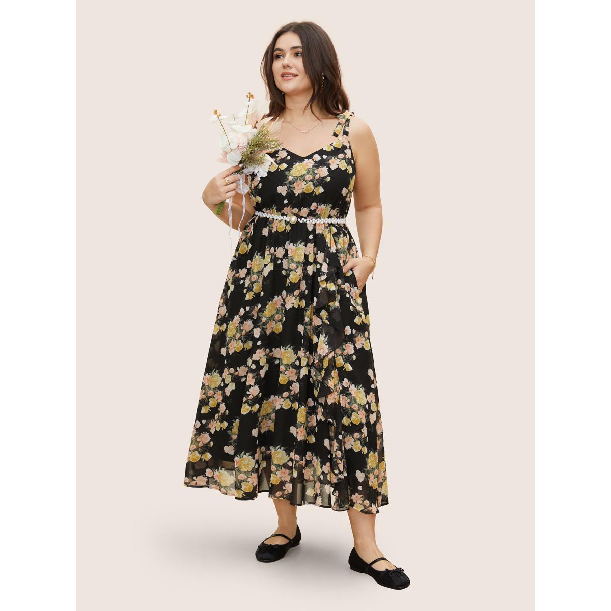 Plus Size Floral Tie Knot Elastic Waist Dress Black Women Formal Tie knot V-neck Sleeveless Curvy BloomChic 30/6X Product Image