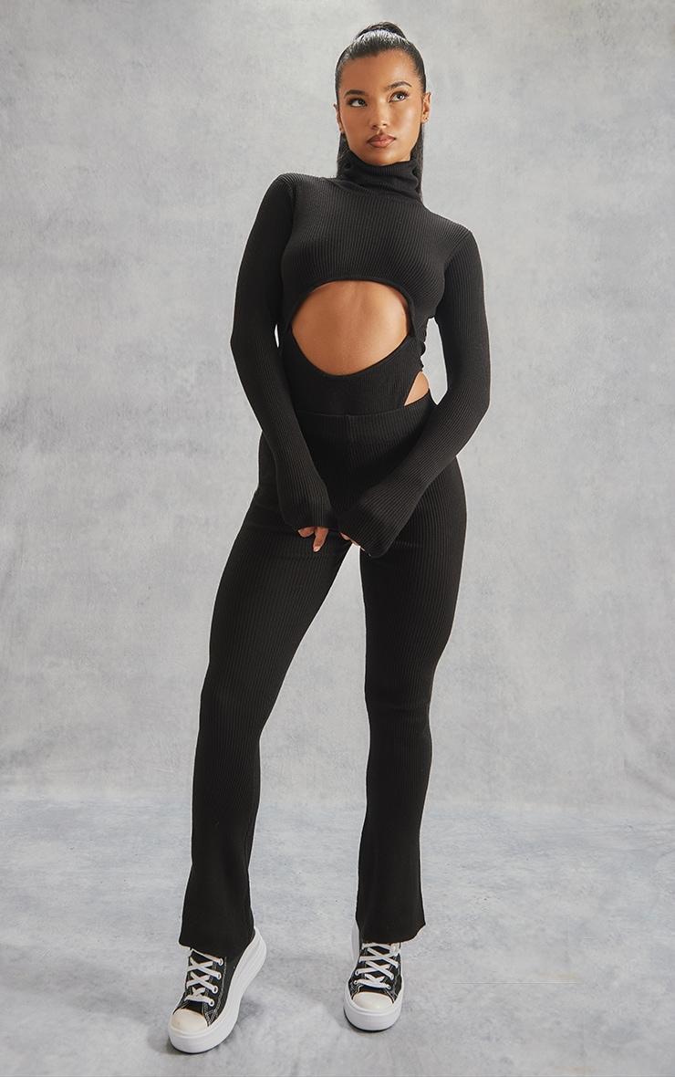 Black Rib Knit Cut Out Front Bodysuit Product Image