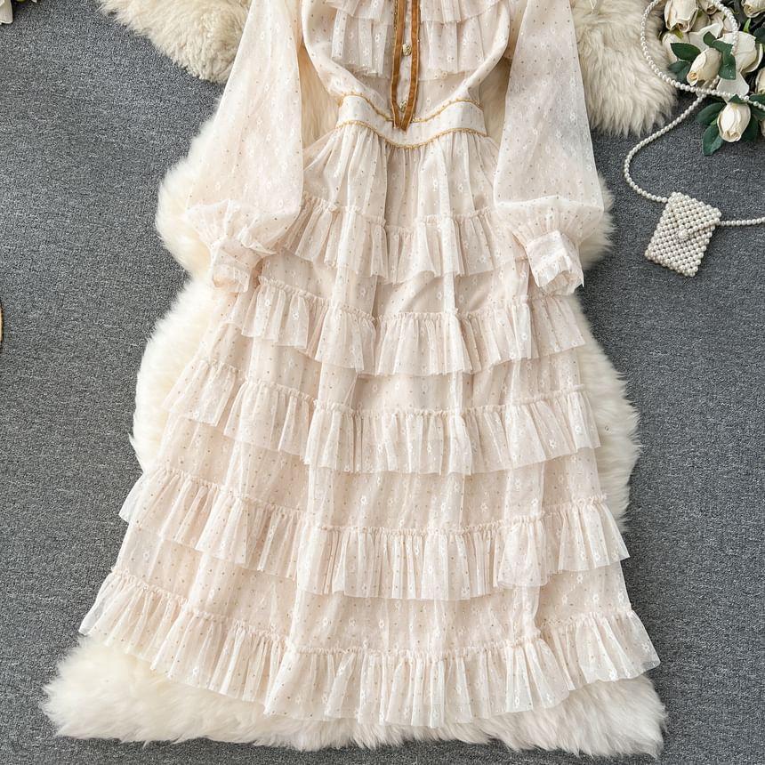 Long-Sleeve Bow Tiered Mesh Midi A-Line Dress Product Image