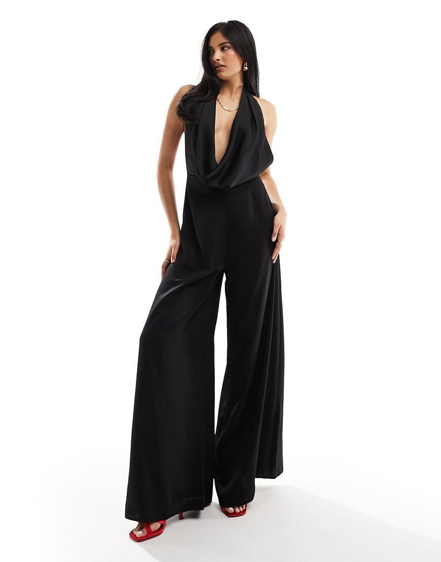 ASOS DESIGN satin cowl neck halter jumpsuit Product Image