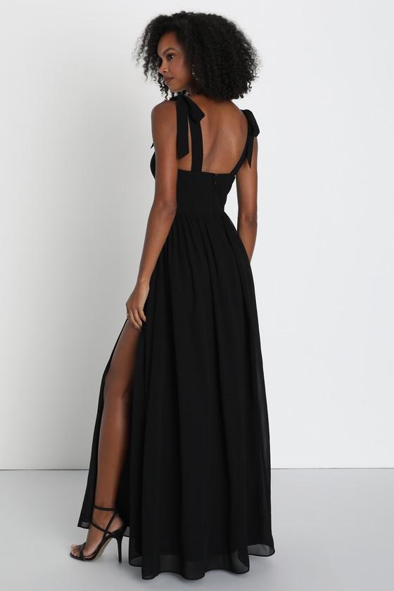 Radiant Charisma Black Chiffon Ruched Tie-Strap Maxi Dress Product Image