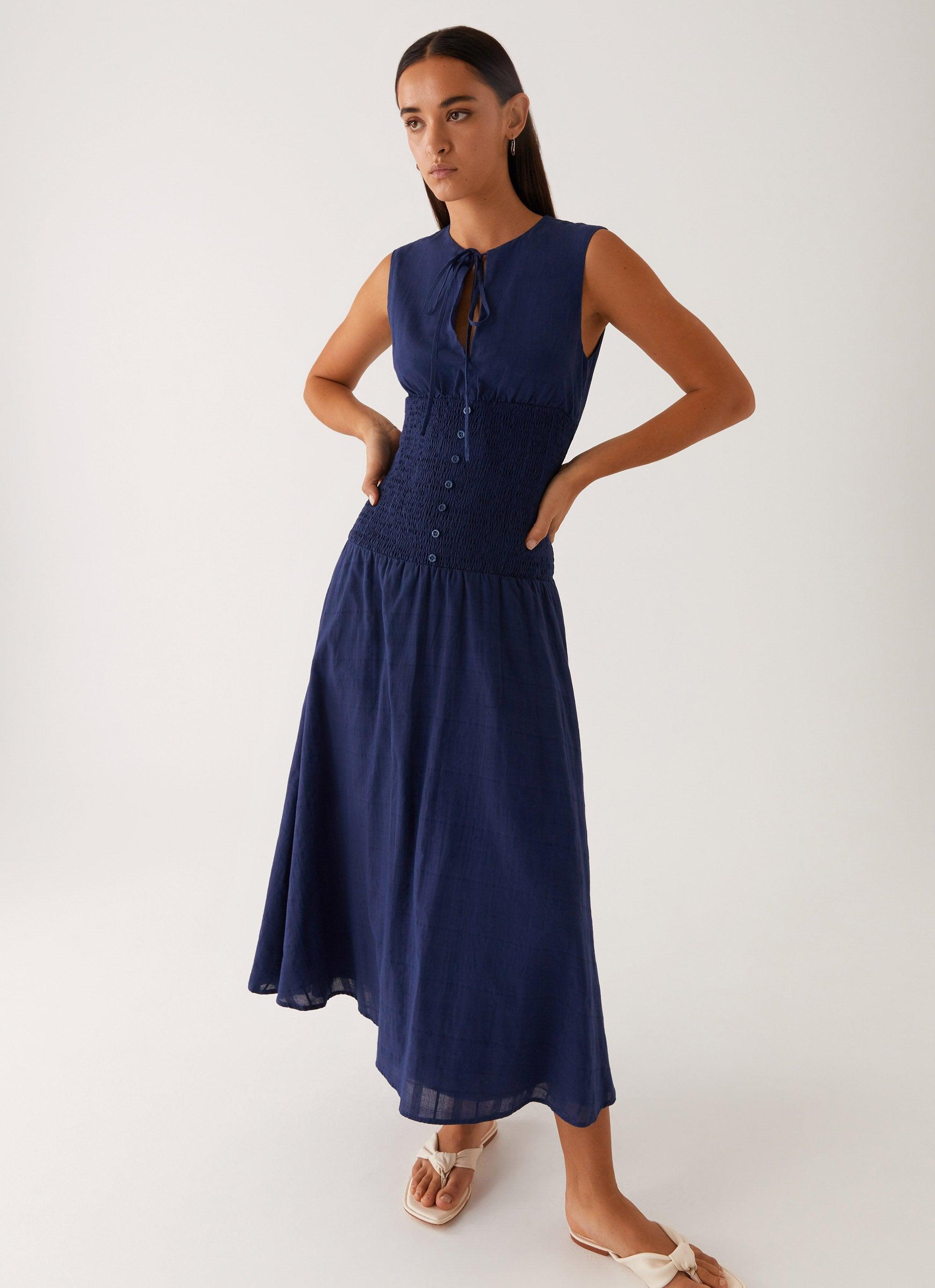 Belle Shirred Waist Midi Dress - Navy Product Image