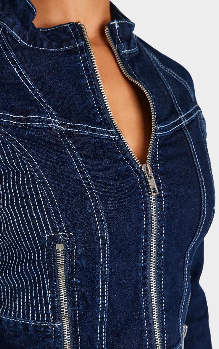 Petite Indigo Stitch Detail Zip Cropped Denim Jacket Product Image