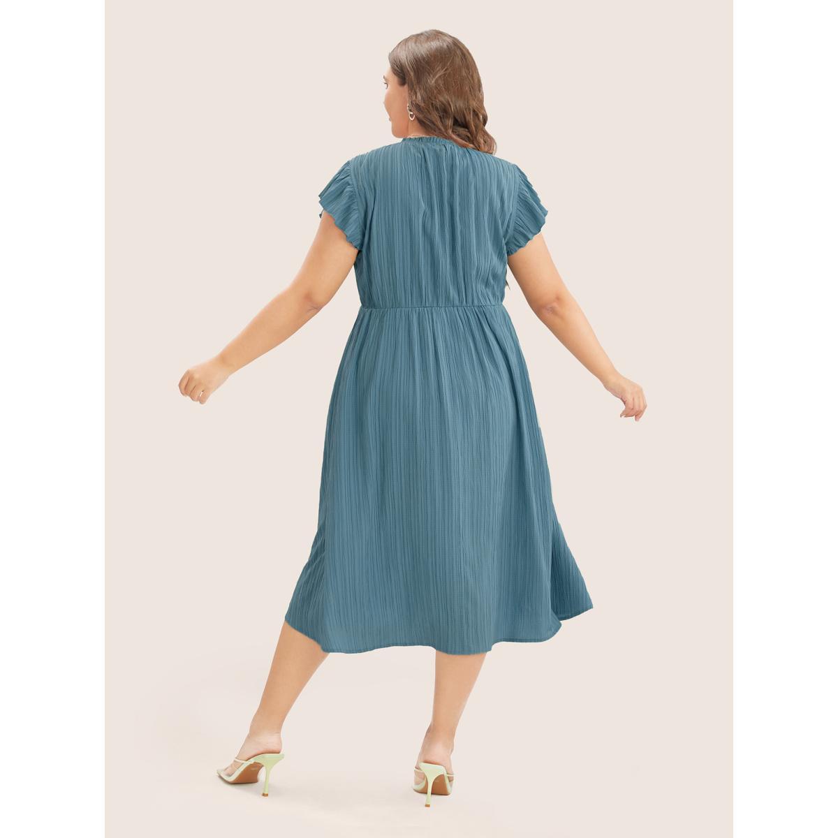 Plus Size Plain Cap Sleeve Ruffles Trim Mock Neck Pocket Dress Blue Women Elegant Pocket Round Neck Short sleeve Curvy Midi Dress BloomChic 12/L Product Image