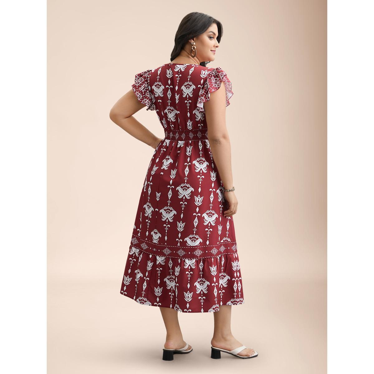 Plus Size Boho Print Stretchy-Waist Ruffled Midi Dress Russet Women Resort Shirred Round Neck Cap Sleeve Curvy BloomChic 26/4X Product Image