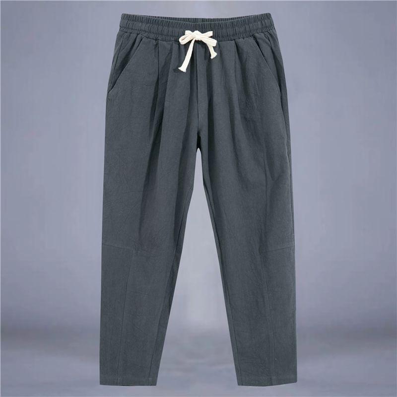Drawstring Waist Plain Cropped Tapered Pants Product Image