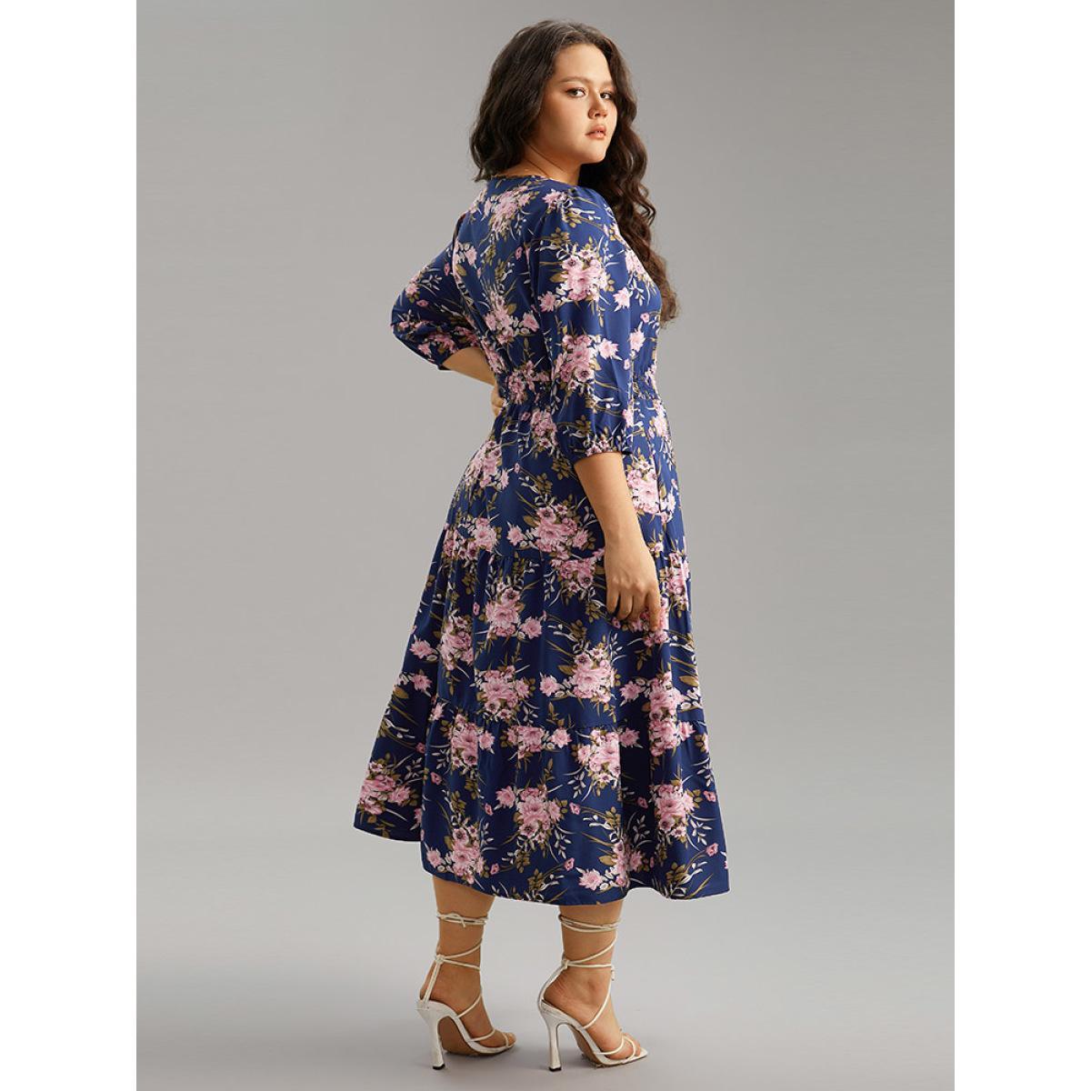 Plus Size Floral Print Shirred Elastic Cuffs Dress DarkBlue Women Elegant Pocket V-neck Elbow-length sleeve Curvy Midi Dress BloomChic 12/L Product Image