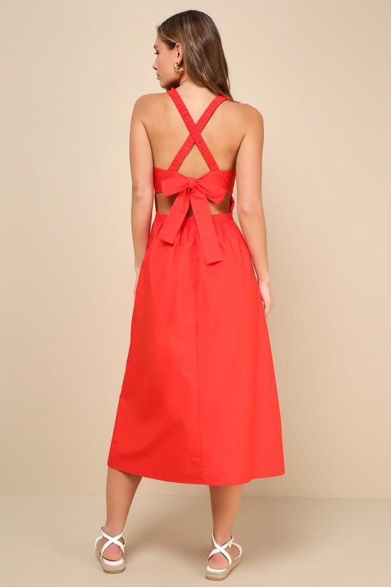 Strolling Sicily Red Pleated Backless Midi Dress With Pockets Product Image