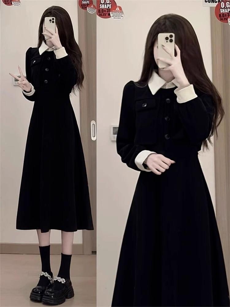 Long Sleeve Lapel Collared Two Tone Midi A-Line Dress Product Image