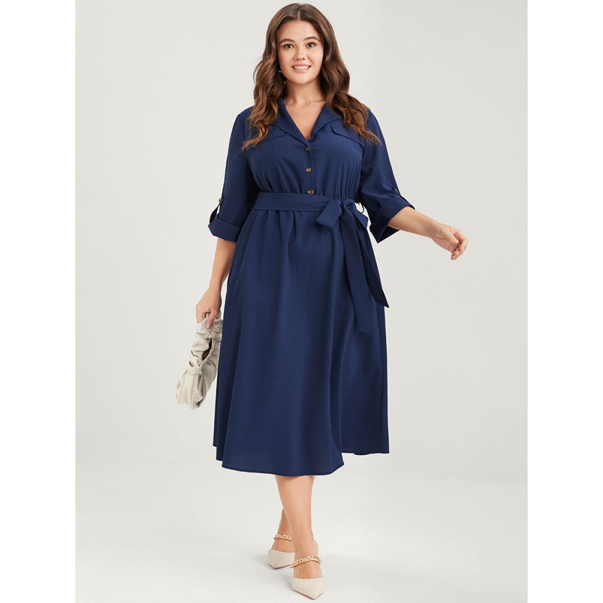 Plus Size Plain Button Cuffed Sleeve Pocket Belted Lapel Collar Dress DarkBlue Women Office Belted Lapel Collar Elbow-length sleeve Curvy Midi Dress BloomChic 26/4X Product Image