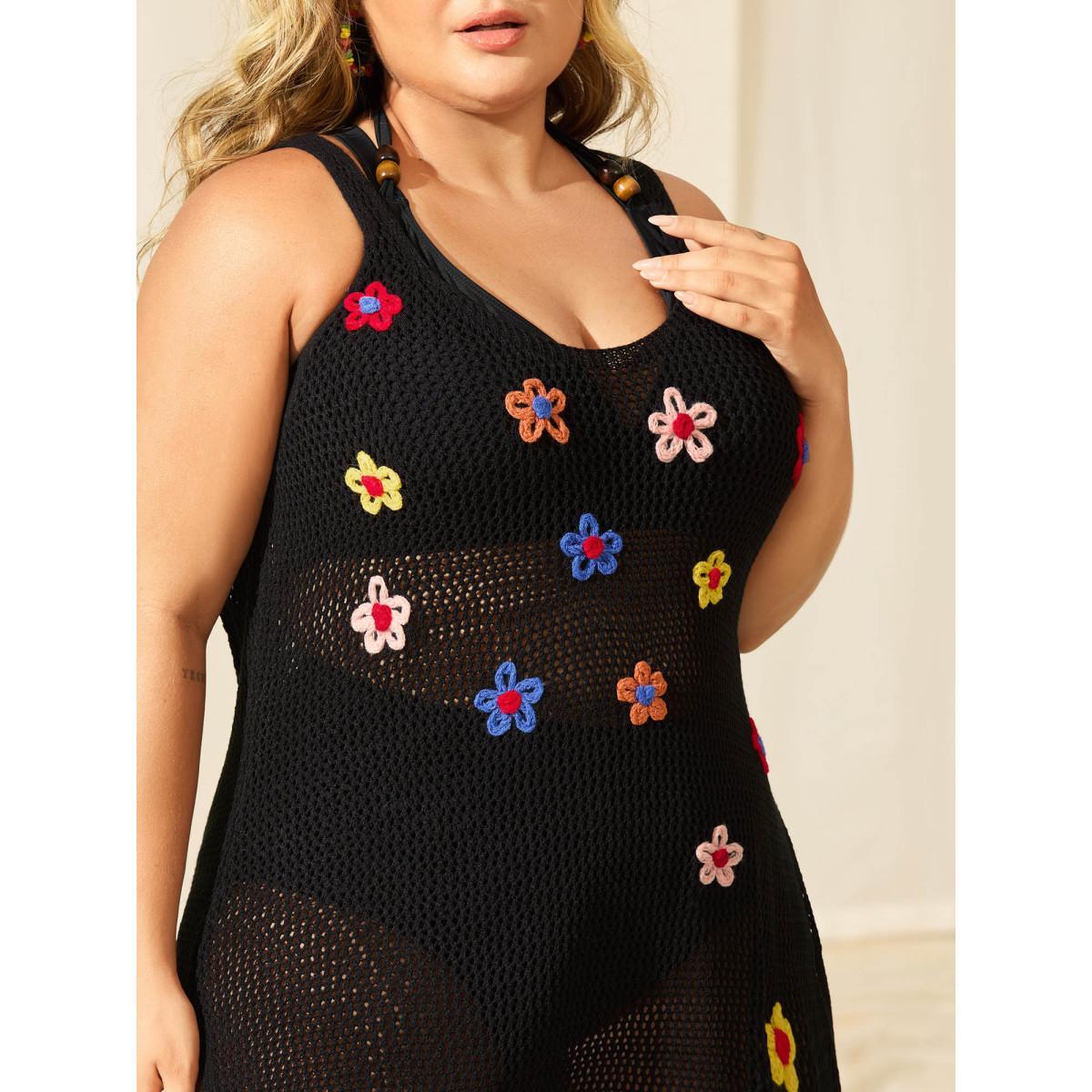 Plus Size Crochet Flower Cut-Out Swim Cover-Up Women's Swimwear Black Beach Loose Crochet Curve Swim Cover Ups BloomChic 10/M Product Image