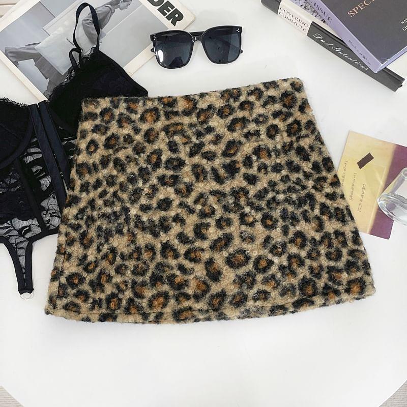 High Rise Leopard Print Fluffy Mini A-Line Skirt Product Image