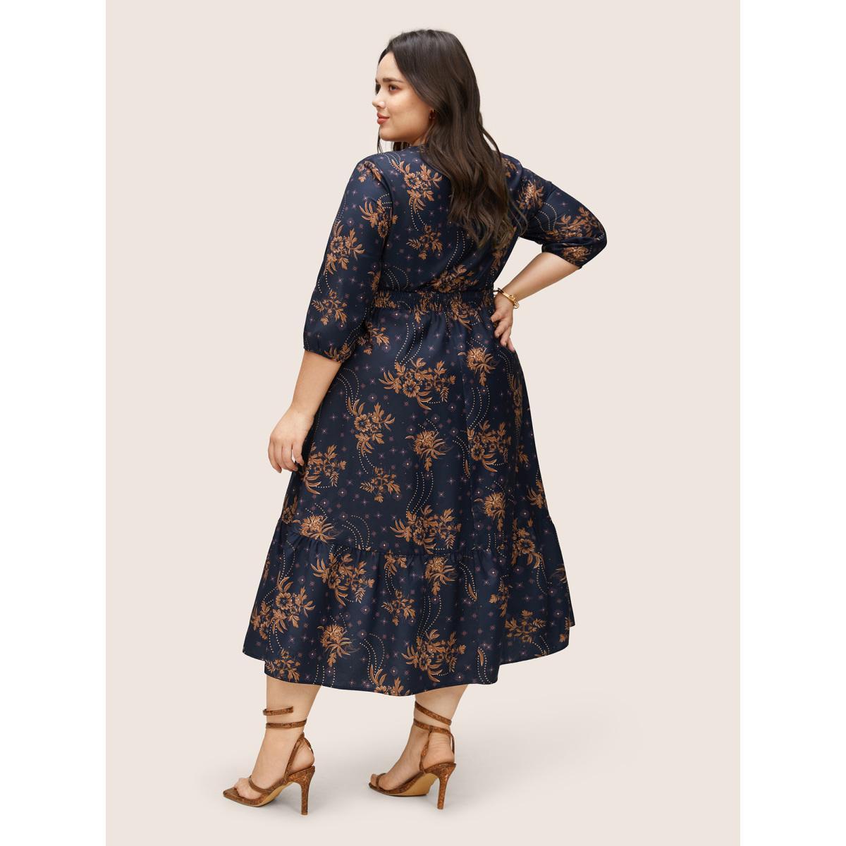 Plus Size Floral Print Gathered Ruffle Hem Shirred Dress DarkBlue Women Elegant Non V-neck Elbow-length sleeve Curvy Midi Dress BloomChic 14-16/1X Product Image