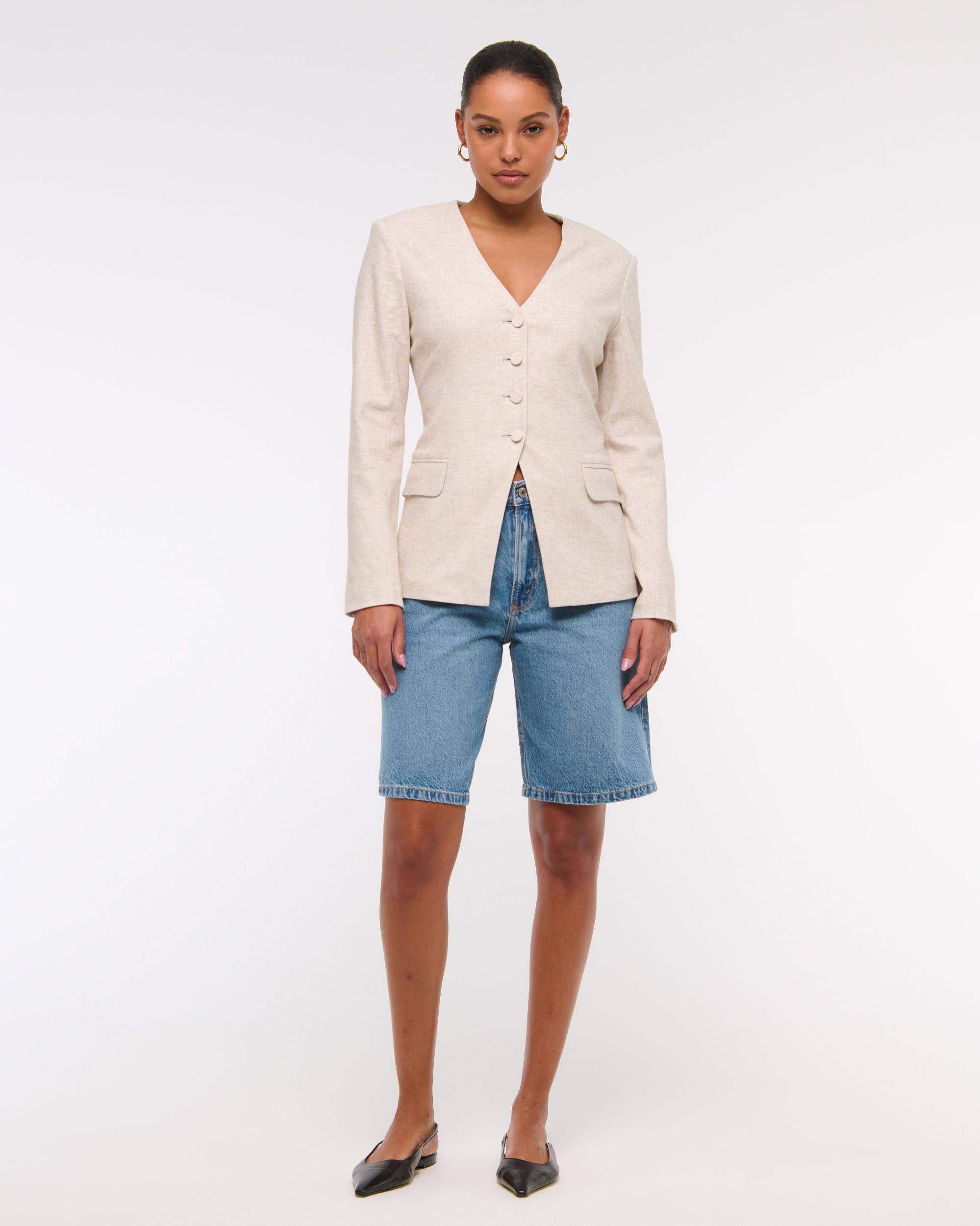 Linen-Blend Collarless Blazer Product Image