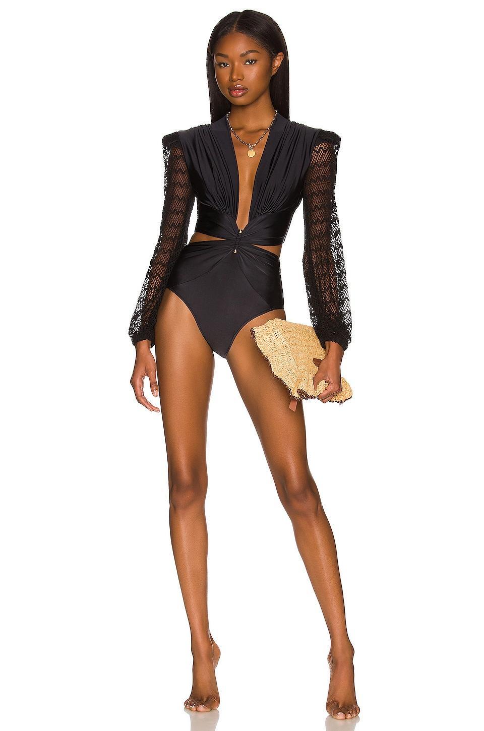 Plunge Netted Sleeve Swimsuit Product Image