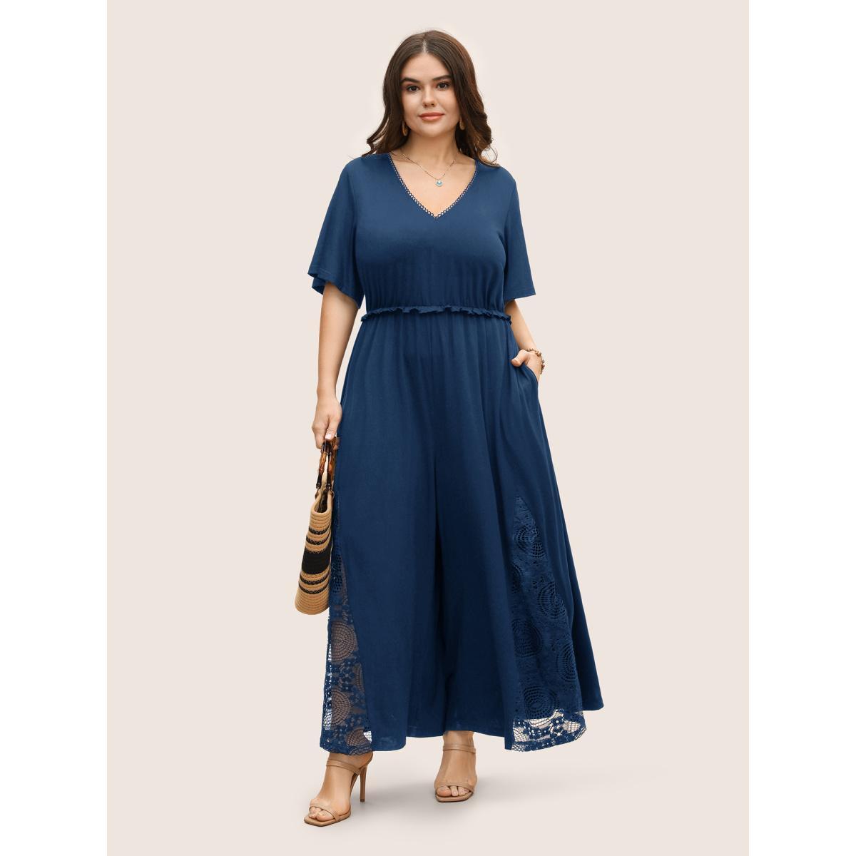 Plus Size Mediumblue V Neck Lace Panel Frill Trim Jumpsuit Women Resort Short sleeve V-neck Vacation Loose Jumpsuits BloomChic 22-24/3X Product Image