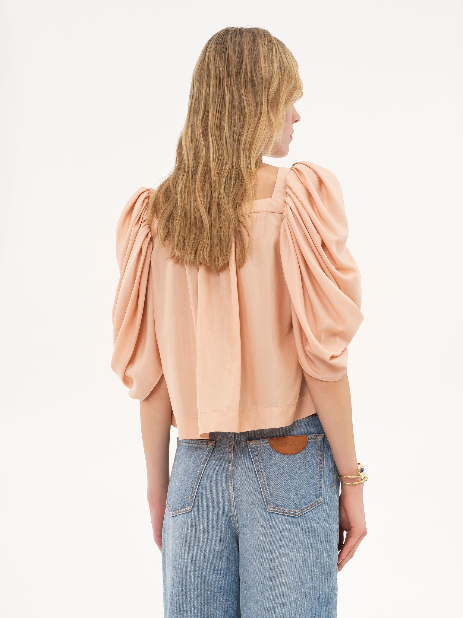 Puff-sleeve pleated top in silk poplin Product Image