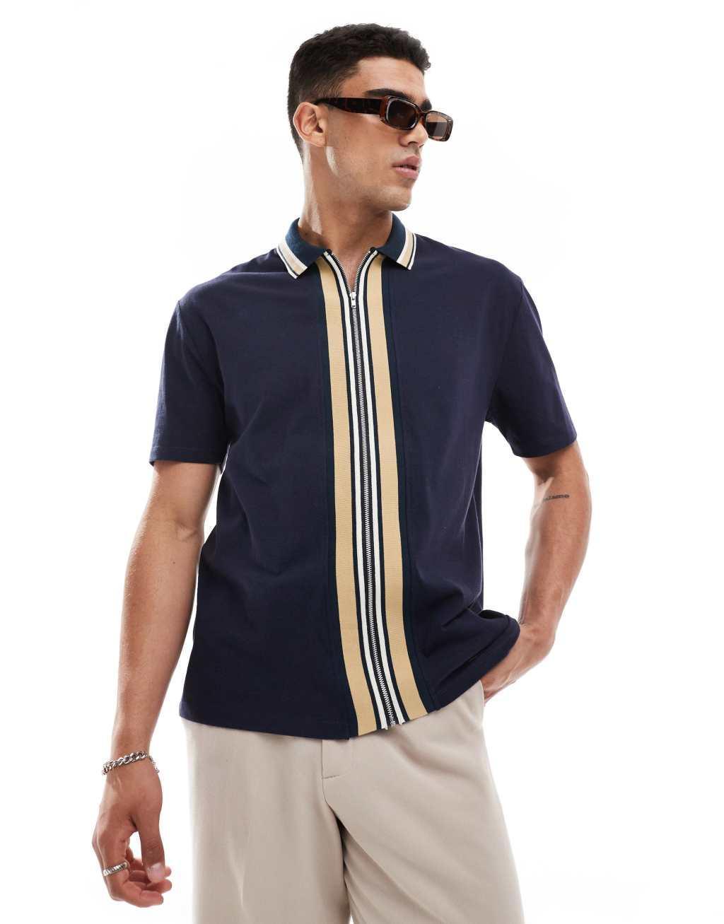 ASOS DESIGN relaxed polo shirt with contrast tipping in navy Product Image